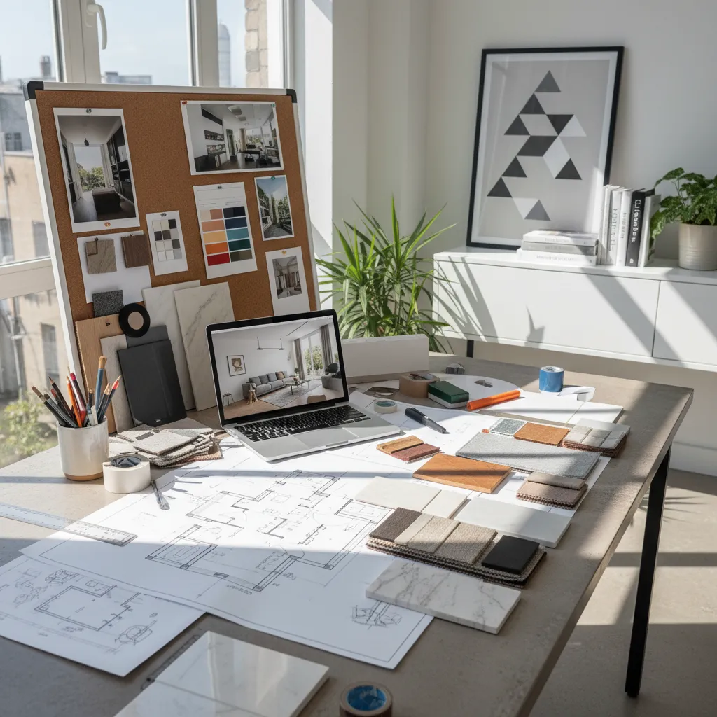 Diseñador de interiores planificando un espacio con planos y muestras de materiales