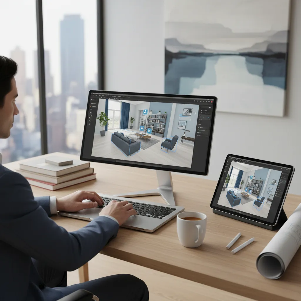 Persona planificando distribución de muebles en un plano digital de una habitación