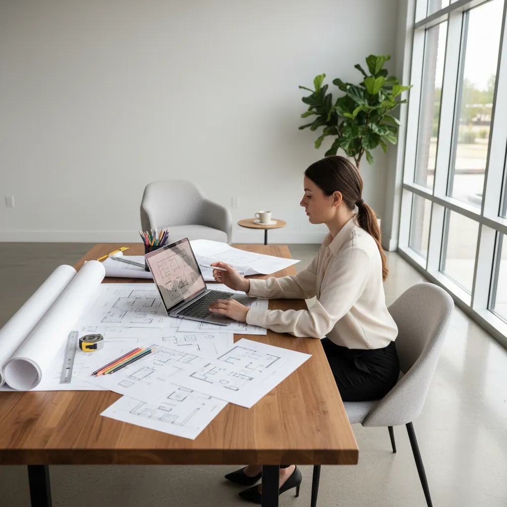Woman sitting at wooden desk using laptop surrounded by many printed interior design room layouts