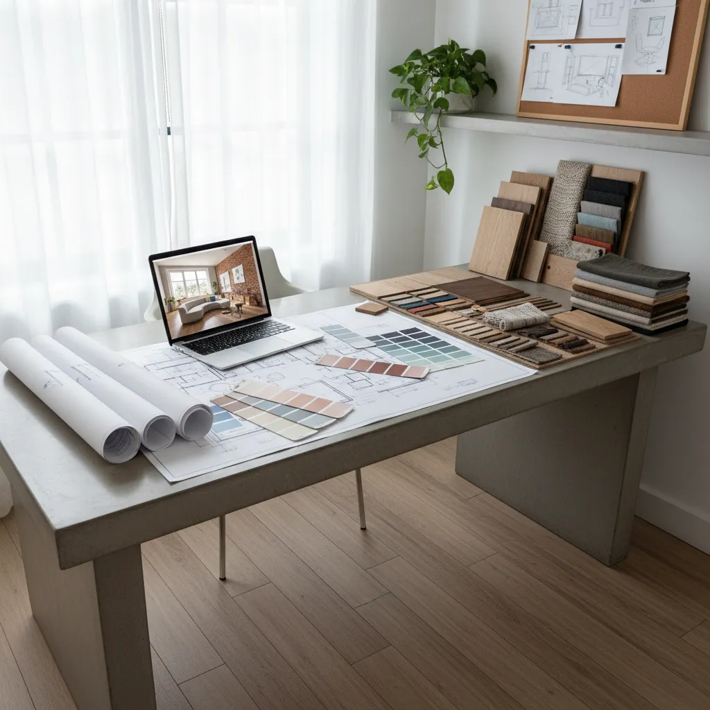 Mesa de trabajo con planos de interiorismo y muestras de materiales