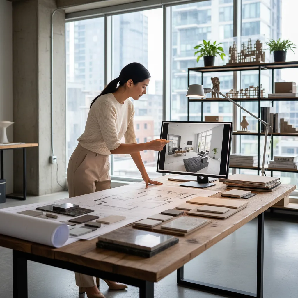 Diseñador revisando planos y estilo de decoración para una vivienda