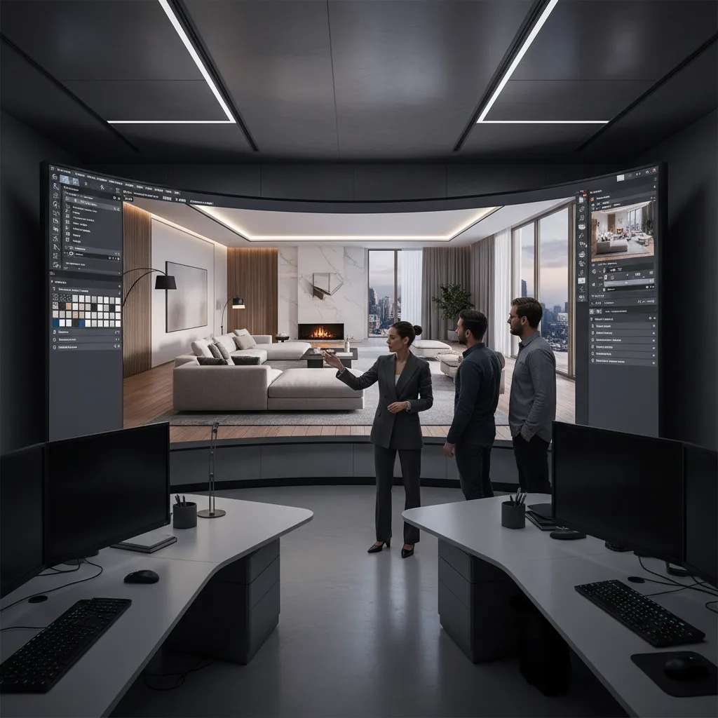 Interior designers using professional software on large curved screen to plan a modern living room