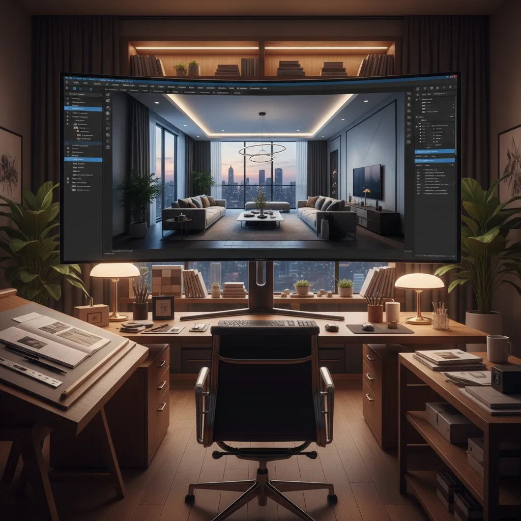 Large curved monitor displaying interior design software on wooden desk with plants and warm lighting