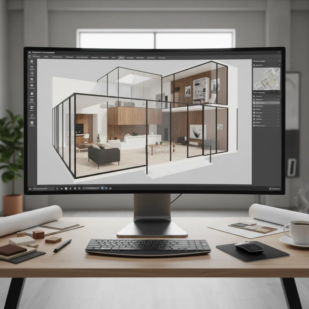 Computer monitor showing 3D interior design drawing on desk with keyboard mouse and material samples