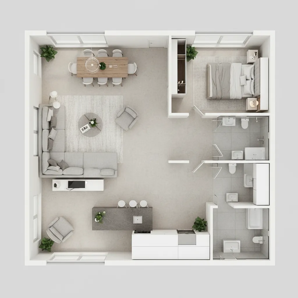 Plano 3D de apartamento utilizado para planificar distribución interior