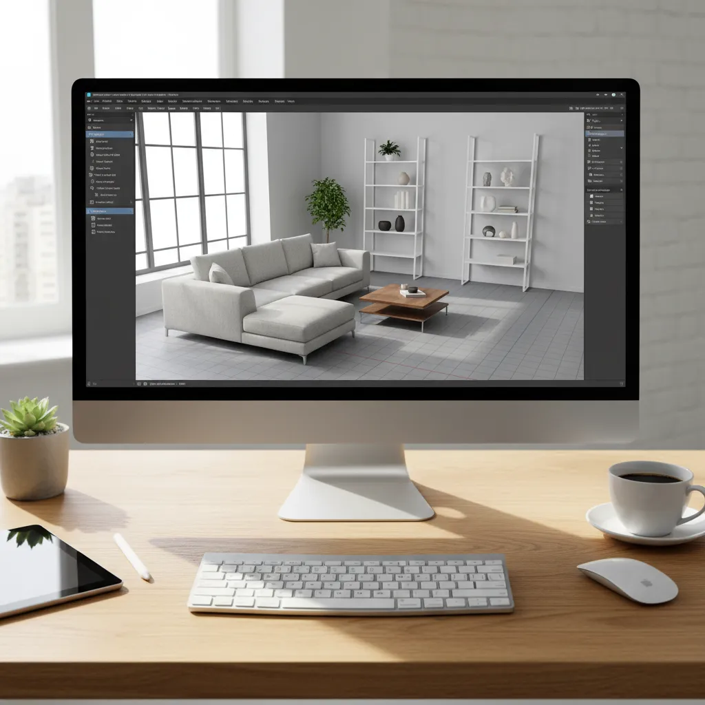 Pantalla mostrando plano de una sala con muebles colocados en diseño 3D