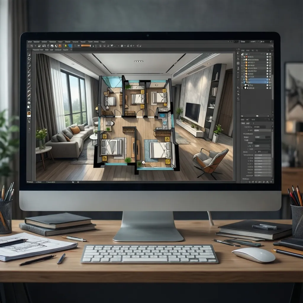 Computer screen showing a three bedroom apartment layout design in an interior design software editor