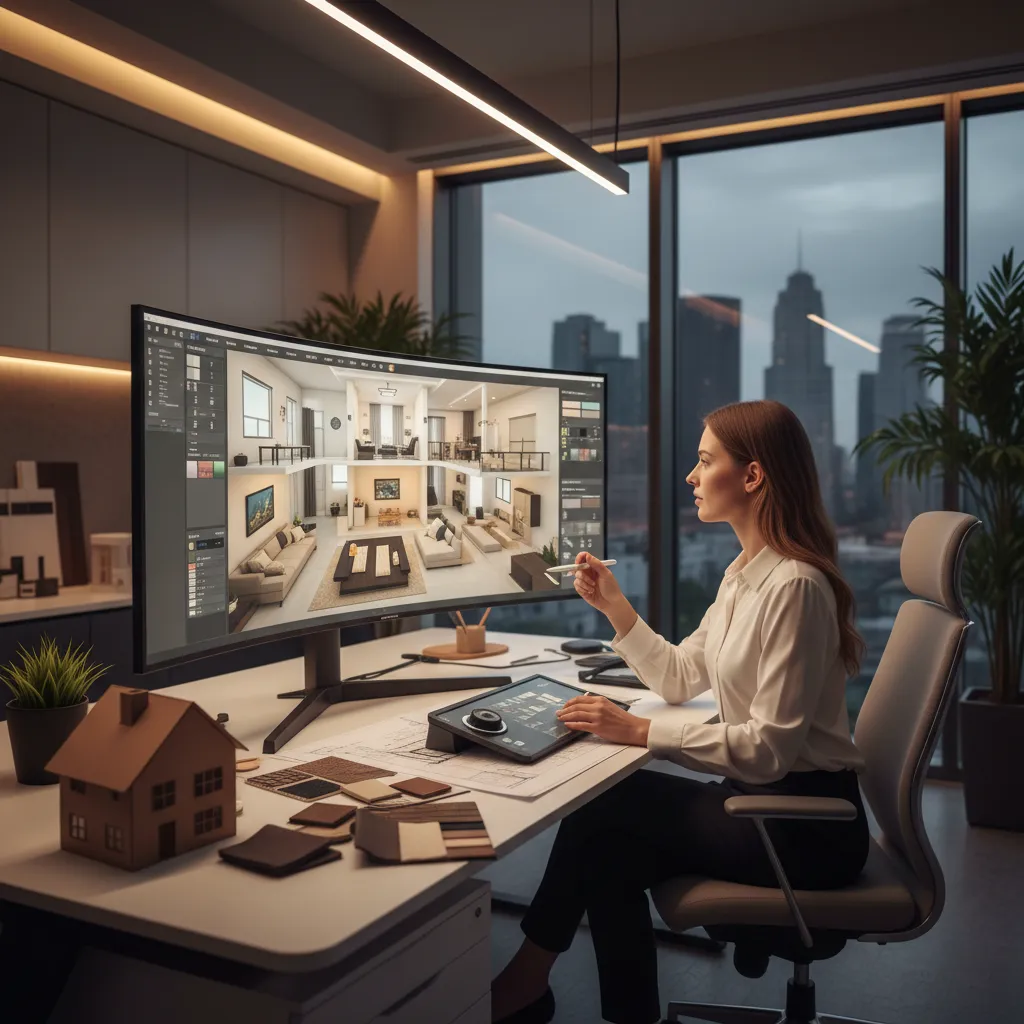 Designer using Coohom software on curved monitor to edit a 3D interior design drawing layout