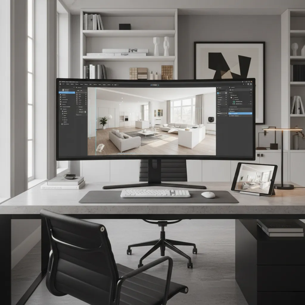 Pantalla mostrando planificación 3D de un apartamento antes de la construcción