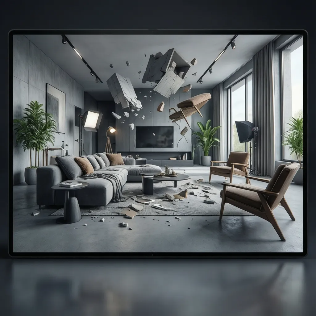 Visualización 3D de diseño interior con suelo gris