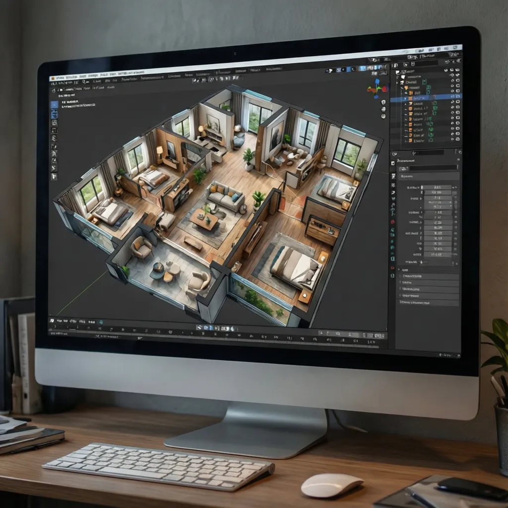 Modelo 3D de distribución interior de una vivienda