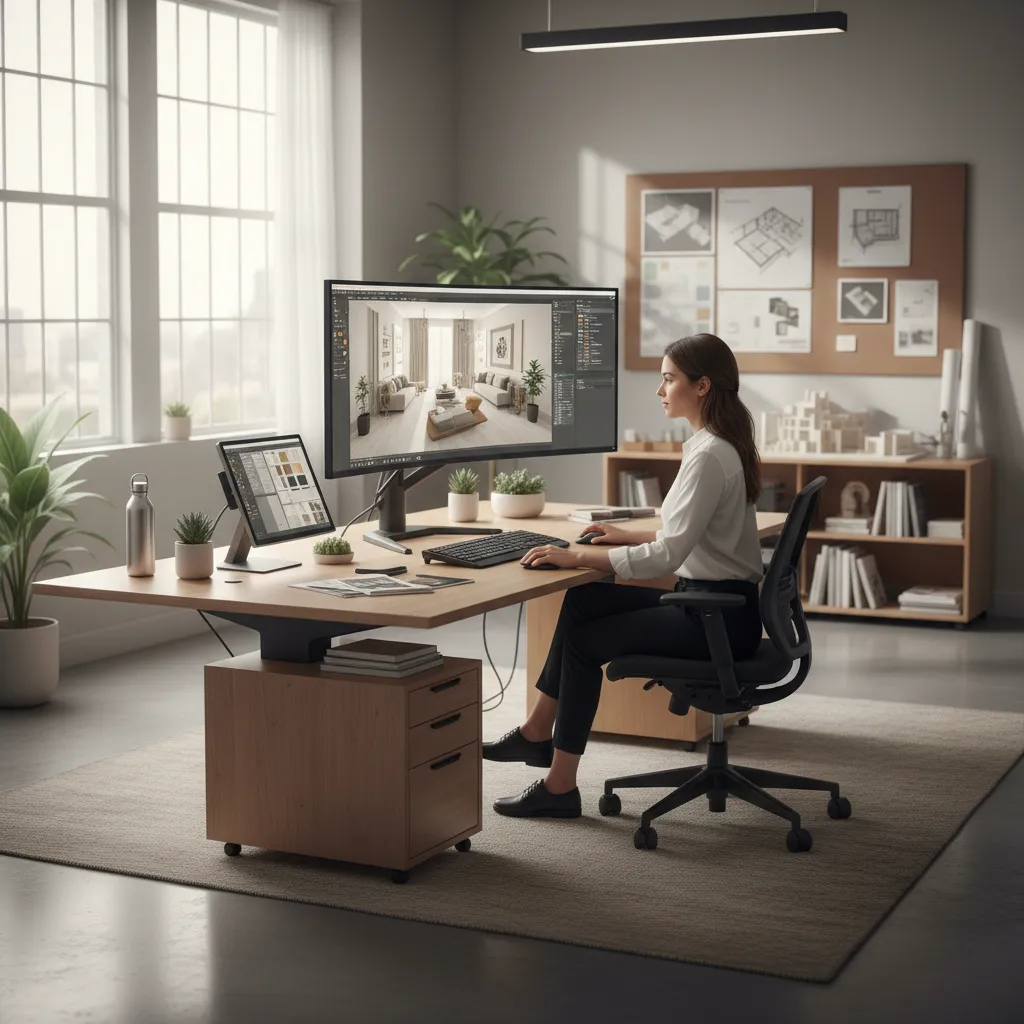 Interior designer working at desk using professional software on large computer monitor in bright home office