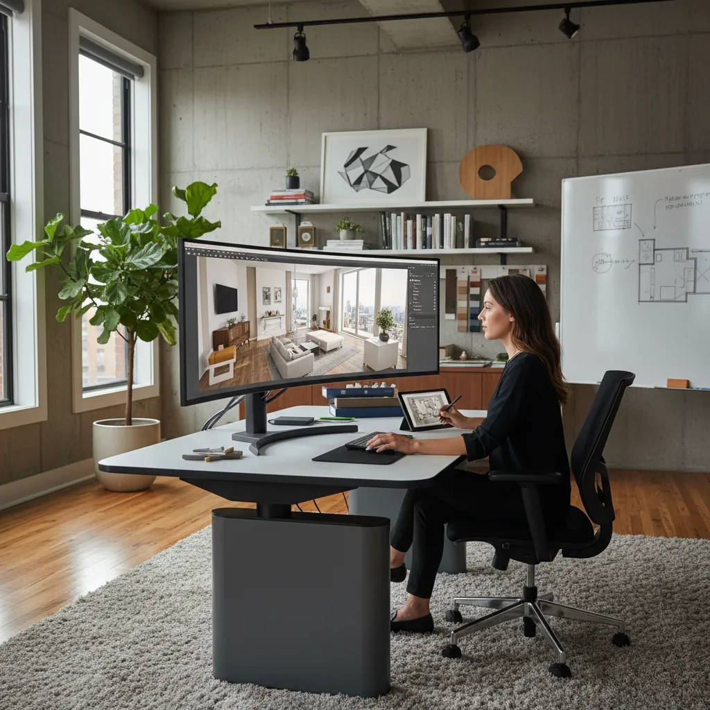 Woman working on interior design drawing using large curved monitor in modern industrial home office