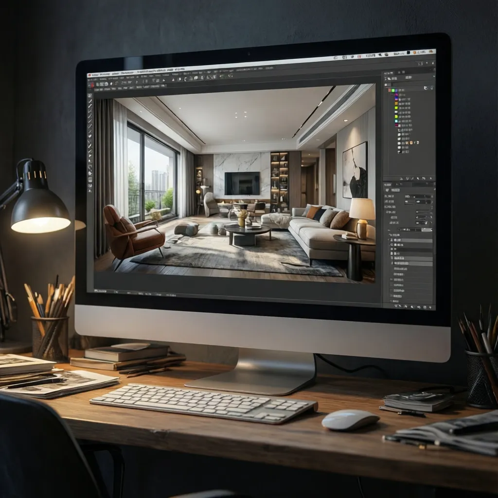 Computer monitor on a desk showing an interior design drawing of a modern living room