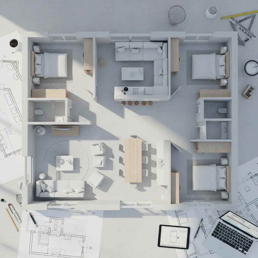 Visualización 3D de distribución interior de una casa moderna