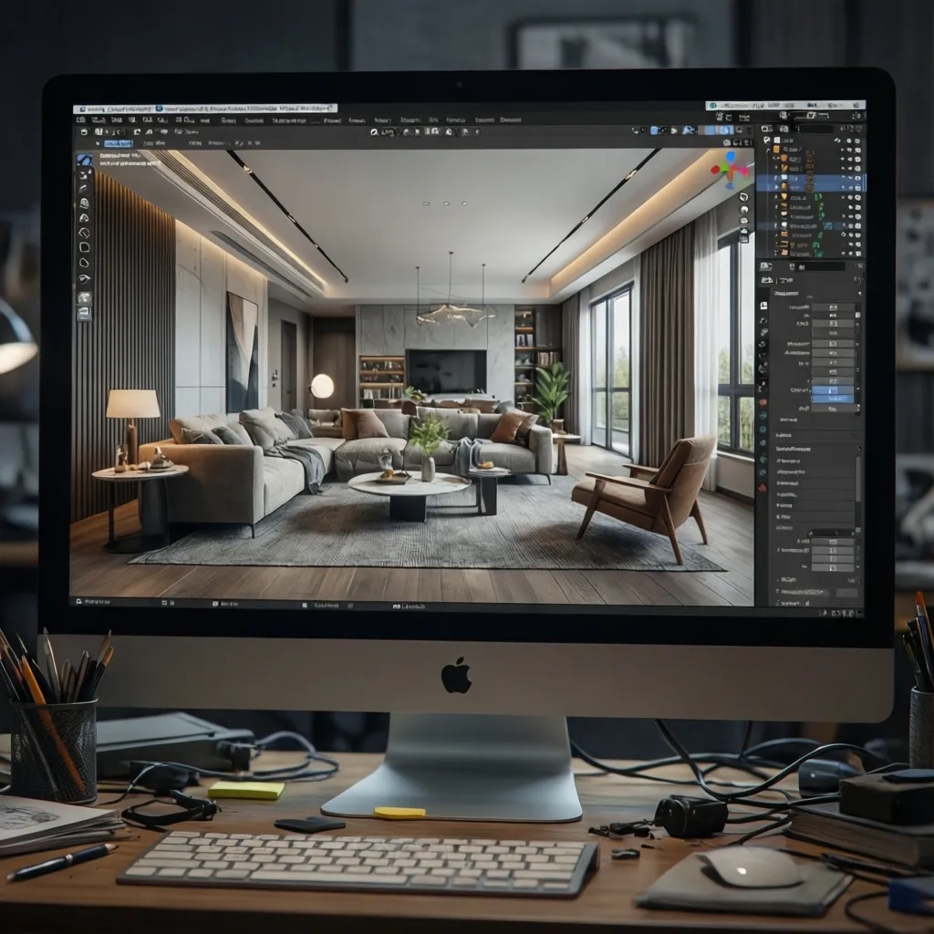 Desktop computer displaying 3D interior design software showing a modern living room layout on screen