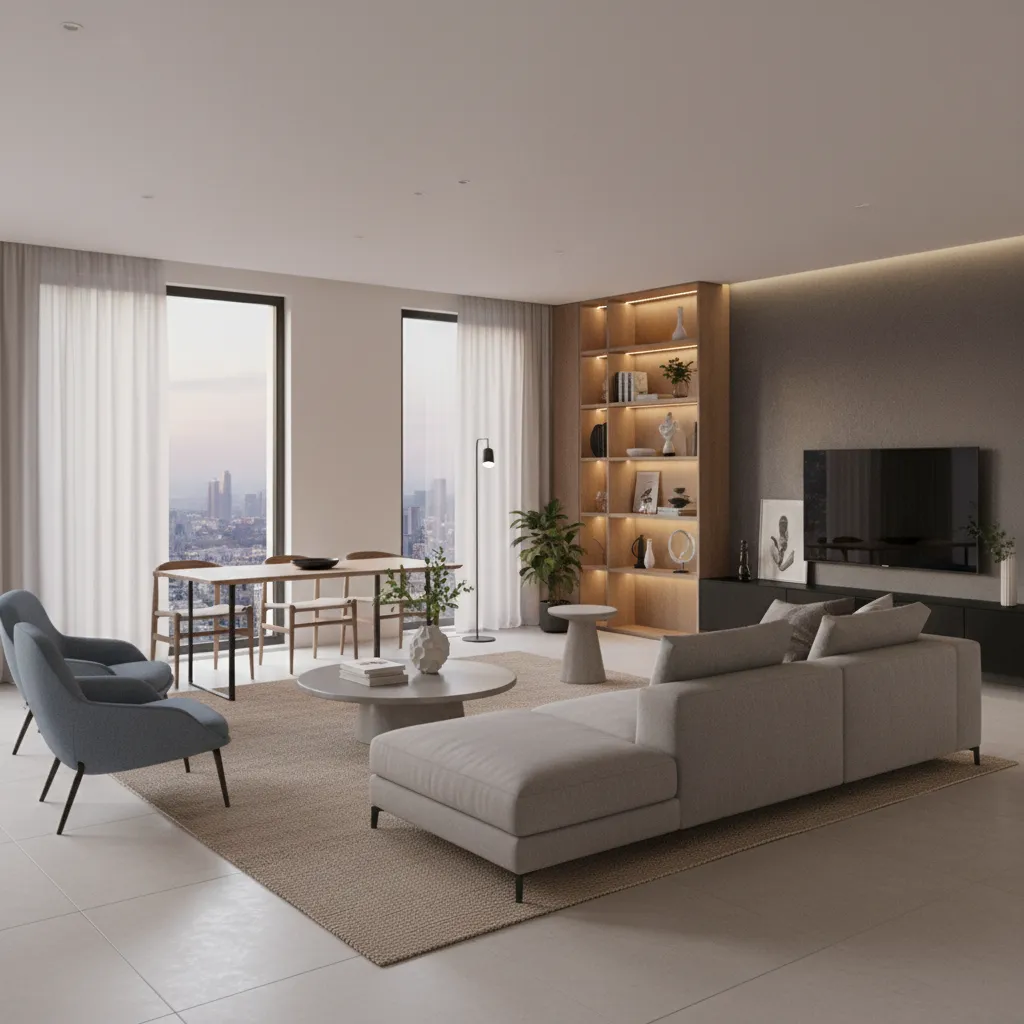 Modern living room with grey sofa wooden bookshelf dining table blue chairs and big windows