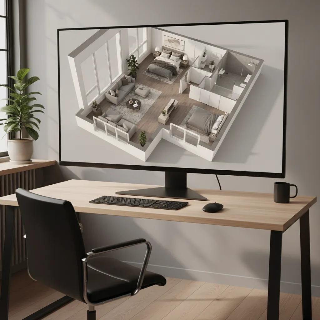 Pantalla mostrando plano 3D de una vivienda moderna