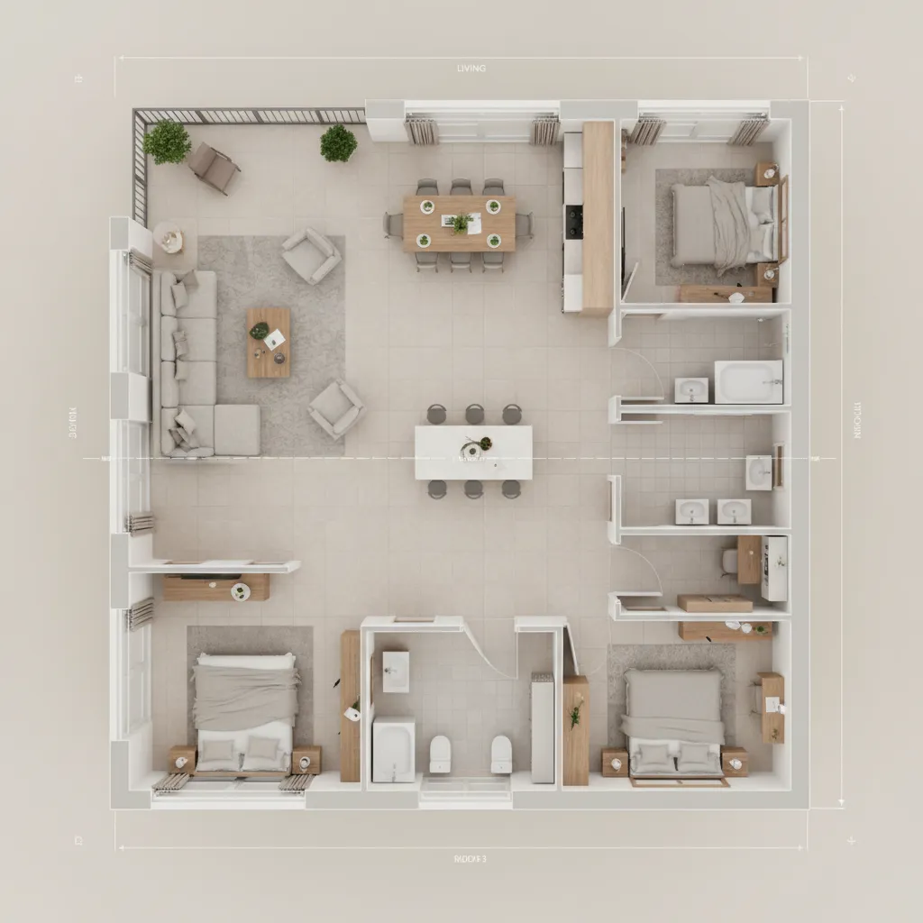 visualización digital de un plano de interior con muebles
