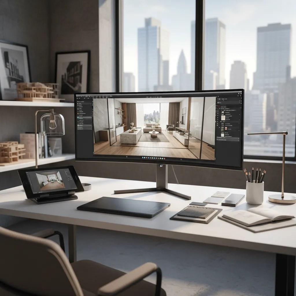 Pantalla mostrando un modelo 3D de distribución de un apartamento