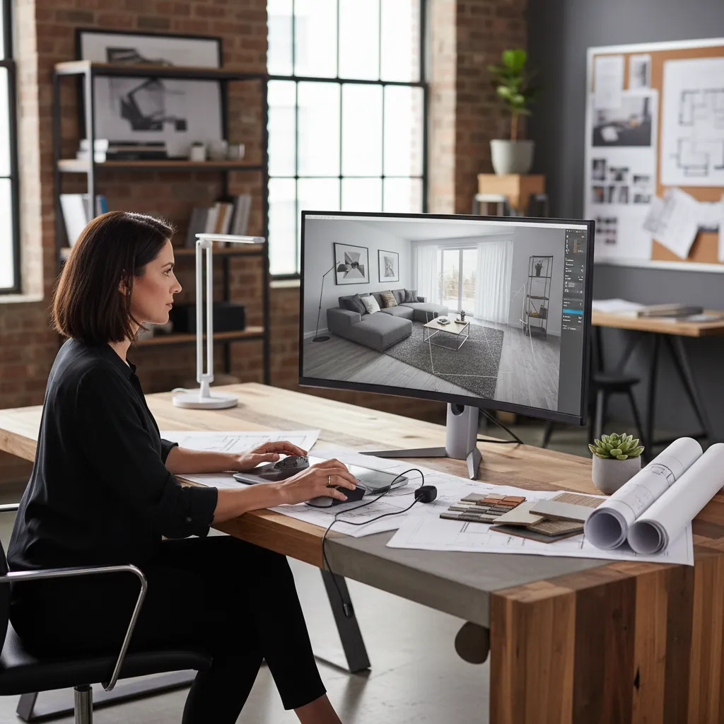 Diseñador trabajando en planificación digital de interiores en 3D