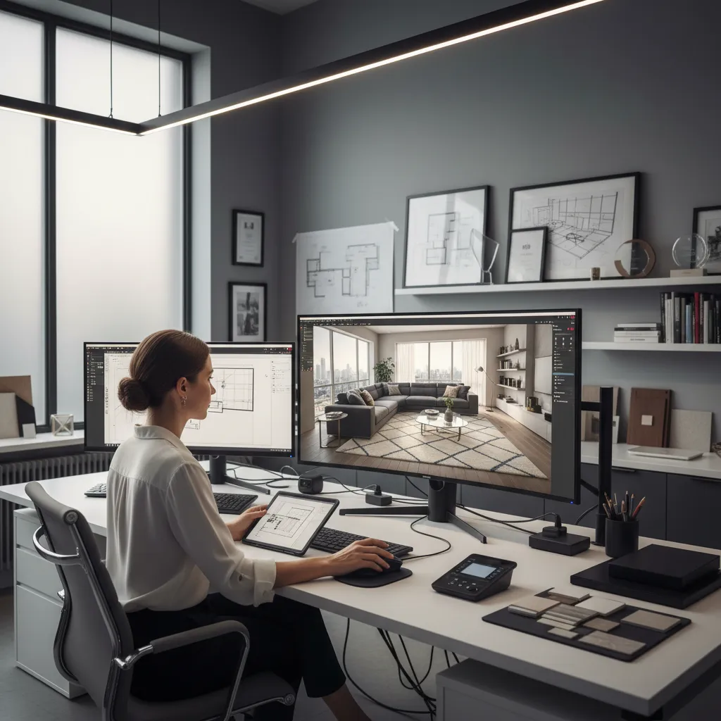 Interior designer using Coohom software to create a 3D room layout on a large computer screen