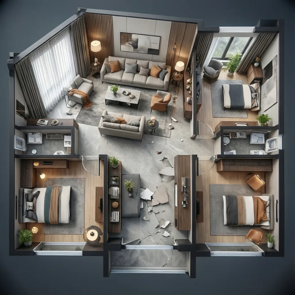 Visualización 3D de un plano de sala con muebles y distribución interior