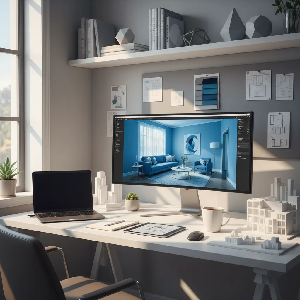 Planificación digital de un interior con tonos azules