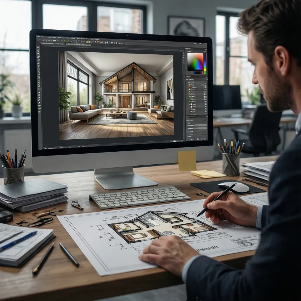 Persona diseñando la distribución de una casa en un ordenador con plano digital