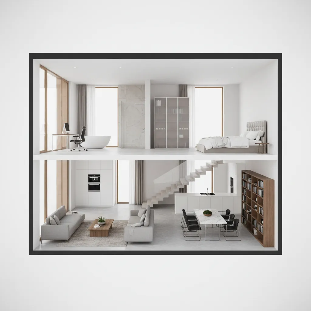 Two story interior design drawing showing living room kitchen dining area bedroom and home office