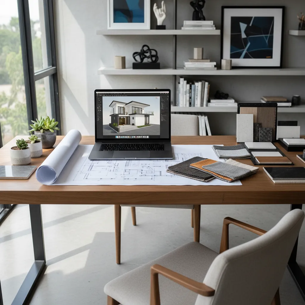 Laptop on wooden desk displaying 3D home model alongside paper floor plan and fabric samples