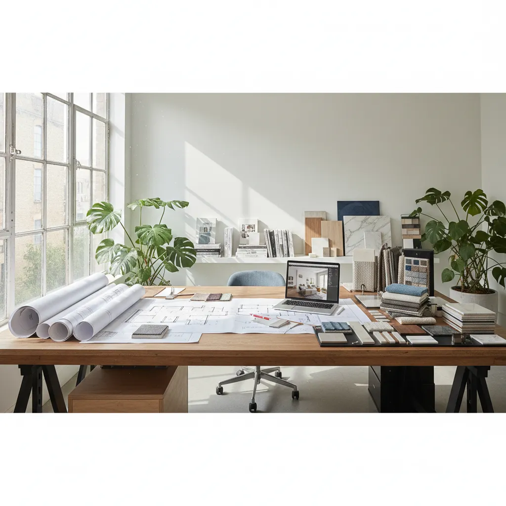 Diseñador revisando planos de interiorismo en mesa de trabajo