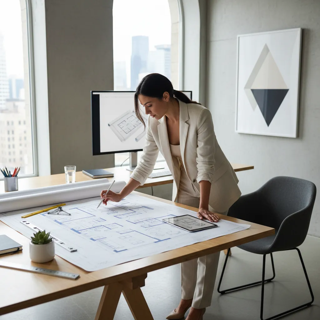 Diseñador revisando plano de distribución de una vivienda