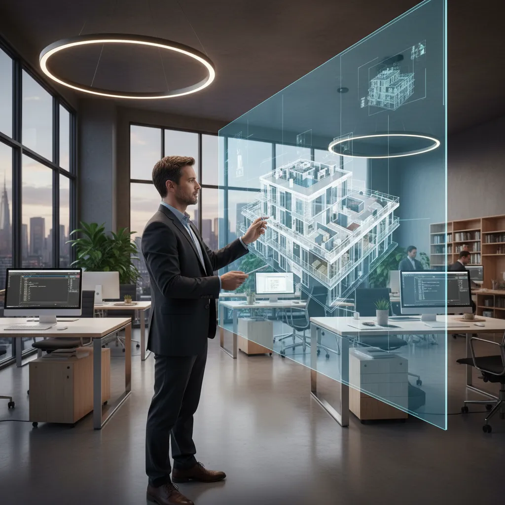 Man in suit viewing a digital house interior design drawing in a modern bright office