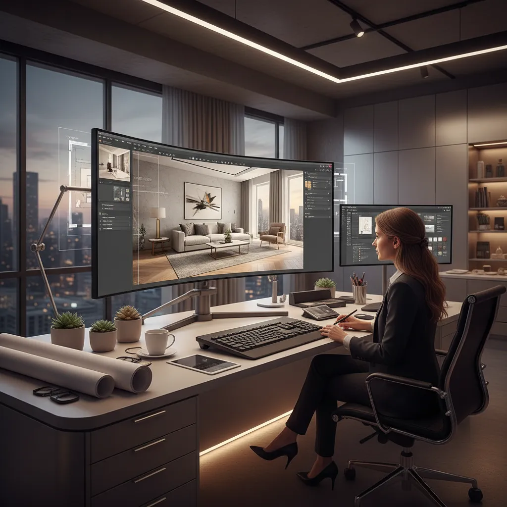 Diseñador planificando un espacio interior con software 3D