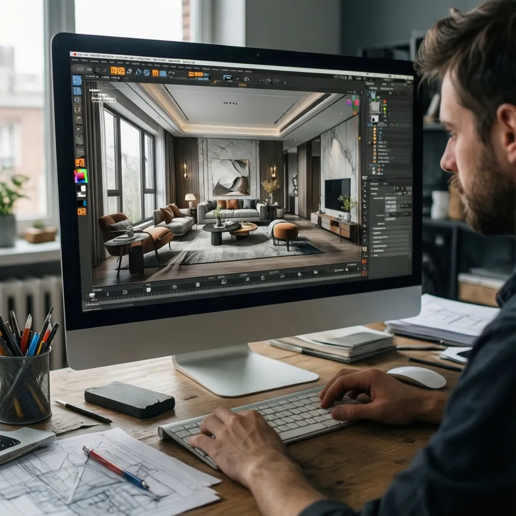 Professional designer using a computer to create a modern interior design drawing of a living room