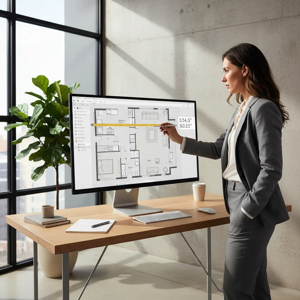 Persona trabajando en el diseño digital de una habitación con medidas