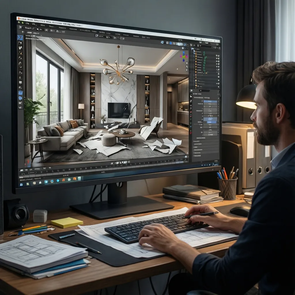 Diseñador trabajando en planificación digital de interiores en pantalla 3D