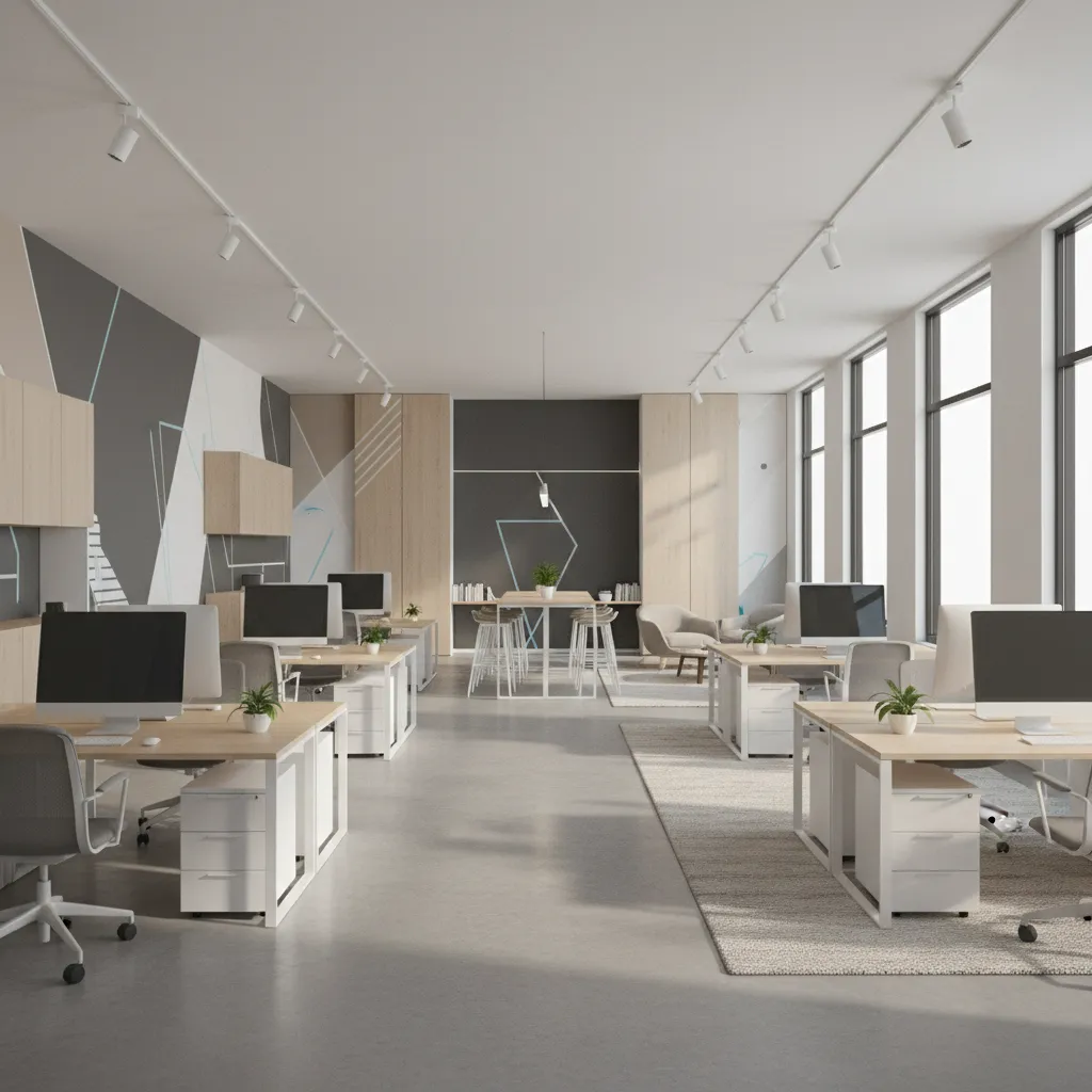 Bright modern open office space with white desks grey chairs computers track lighting and patterned walls