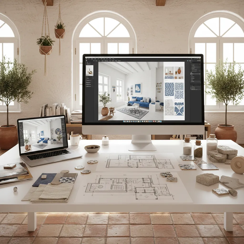 Planificación de interior inspirado en estilo griego en un entorno digital de diseño