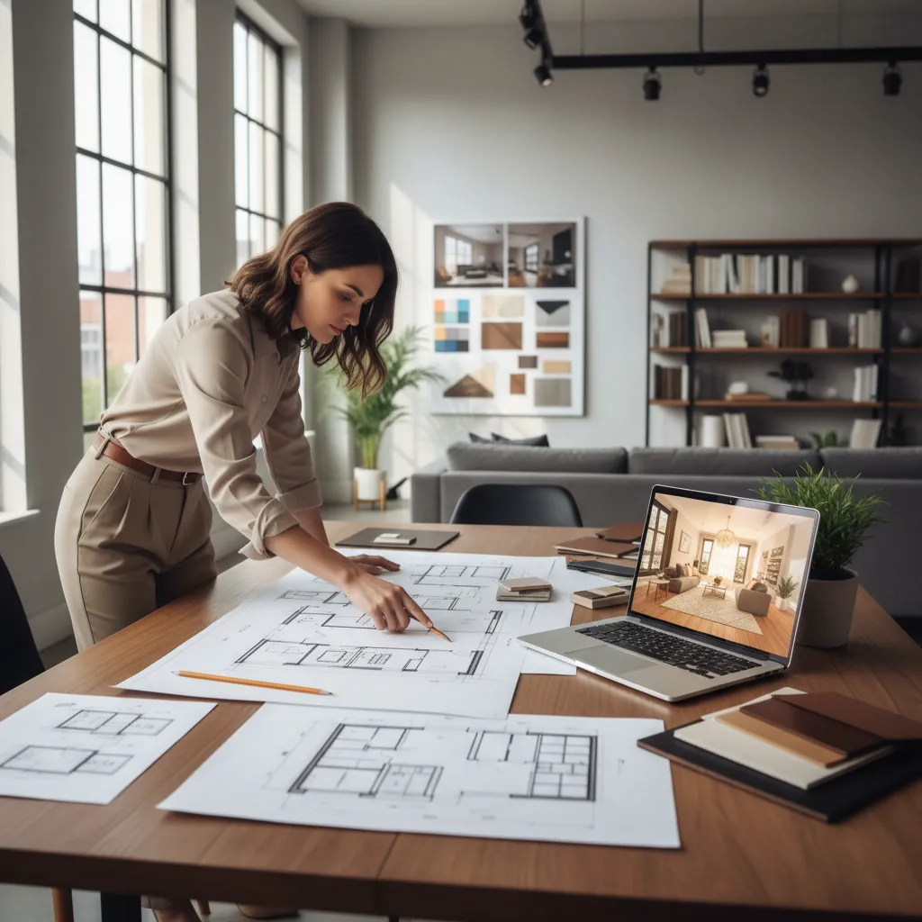 Diseñador revisando planos y distribución de muebles en un salón
