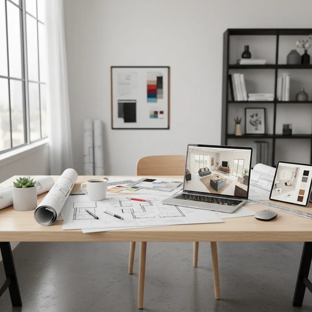 Interior design drawing on wooden desk with laptop showing room layout and office supply tools