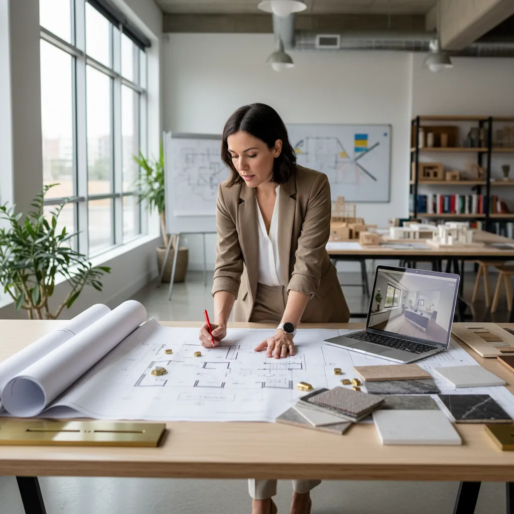 Professional female designer marking a floor plan with red pen next to laptop and samples