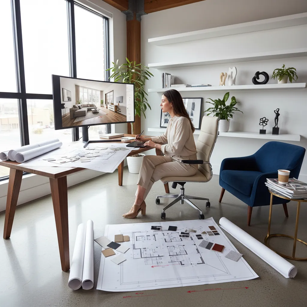 Diseñador planificando la distribución de muebles en un salón