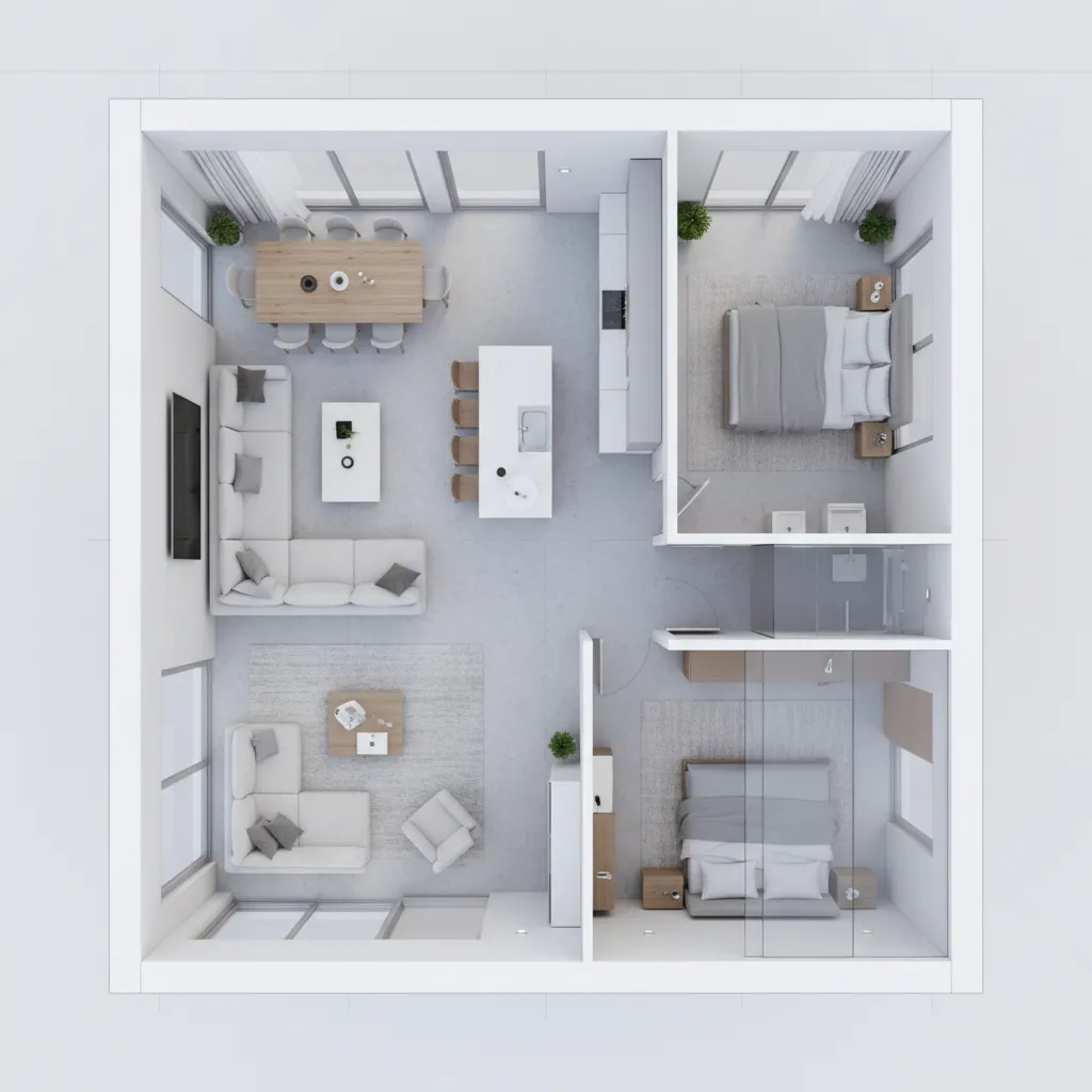 Plano 3D de distribución interior de una vivienda