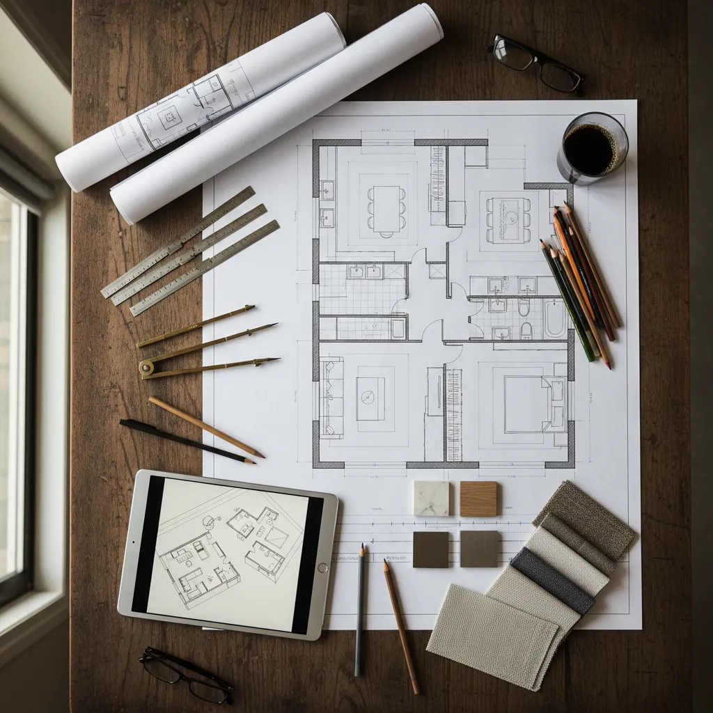 Interior design drawing on wooden desk with tablet, color samples, pencils, and rolled paper plans