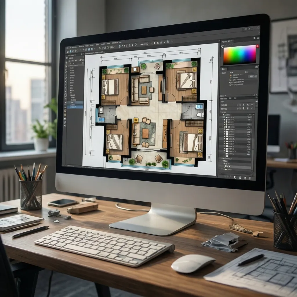 Pantalla mostrando plano 2D de un apartamento en un programa de diseño interior