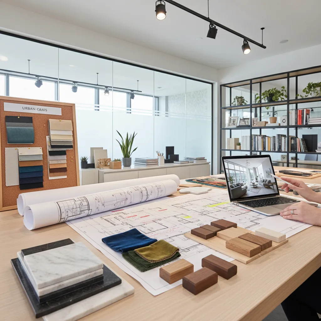 Designer working at a desk with floor plans fabric samples wood pieces and laptop screen