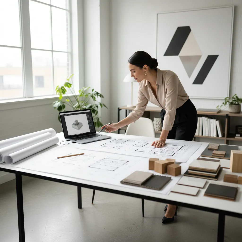 Interior designer working on floor plan drawings with laptop and material samples in bright office