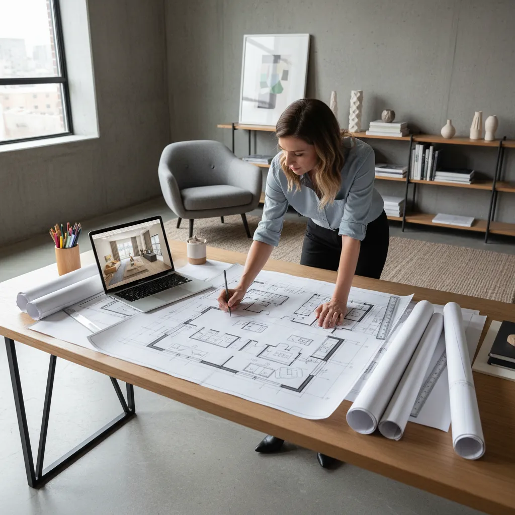 Diseñador revisando planos de distribución de interiores en un estudio